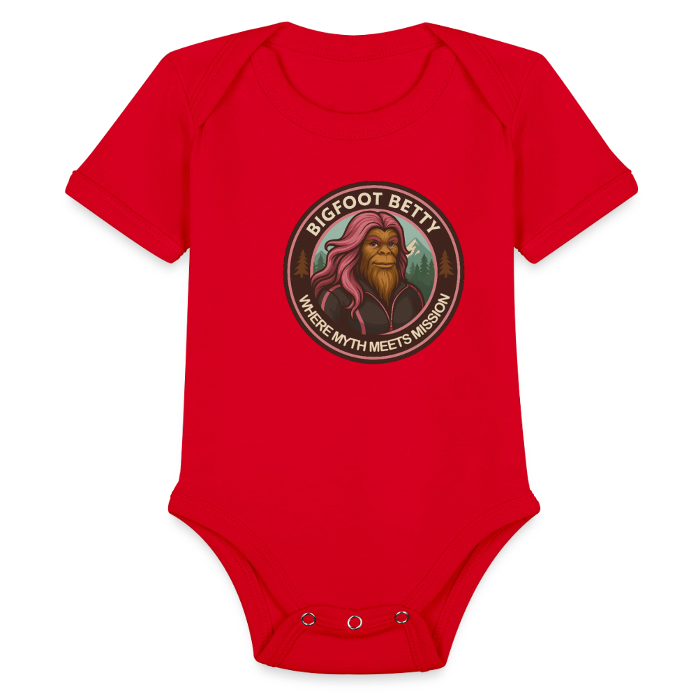 Organic Short Sleeve Baby Bodysuit - Where Myth Meets Mission (RETRO) - red
