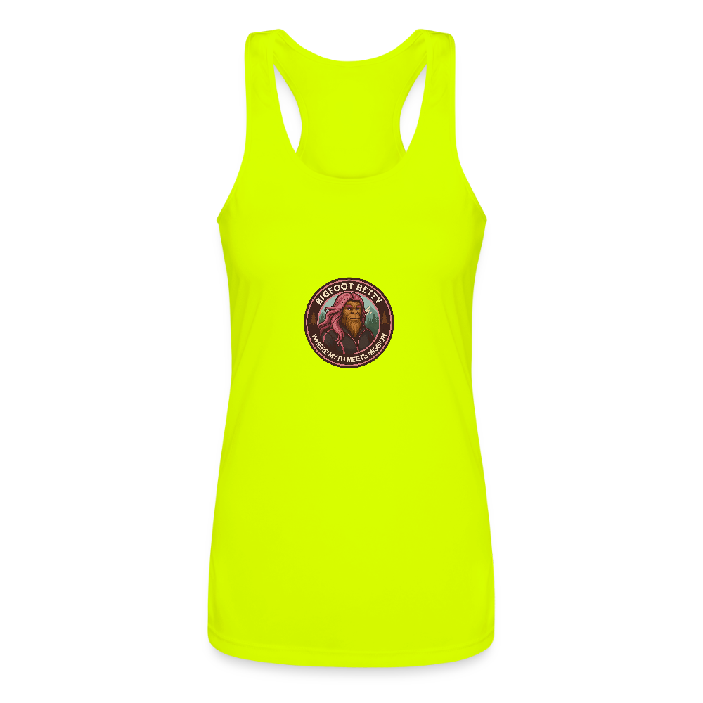 Women’s Performance Racerback Tank Top - Where Myth Meets Mission (RETRO) - neon yellow