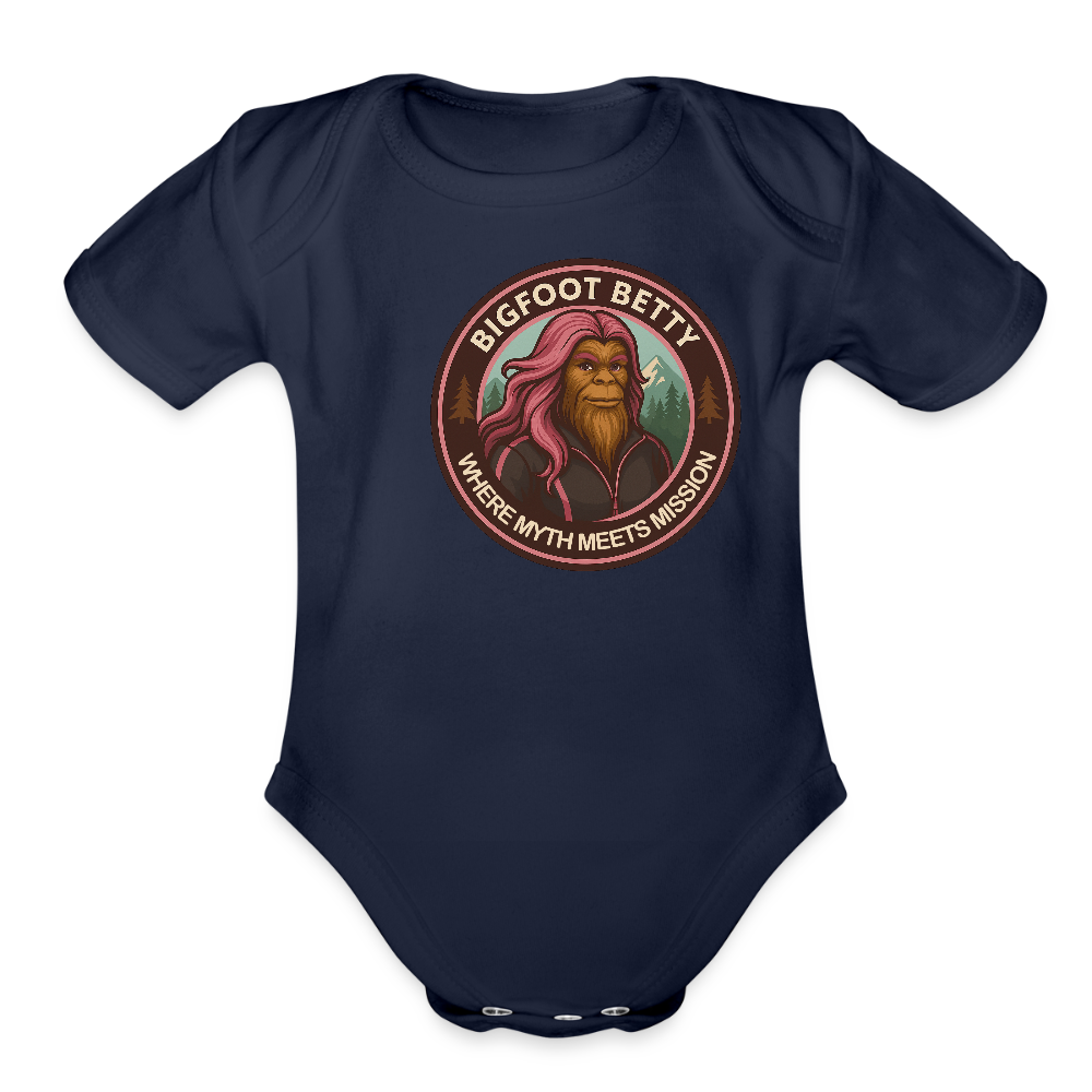 Organic Short Sleeve Baby Bodysuit - Where Myth Meets Mission (RETRO) - dark navy