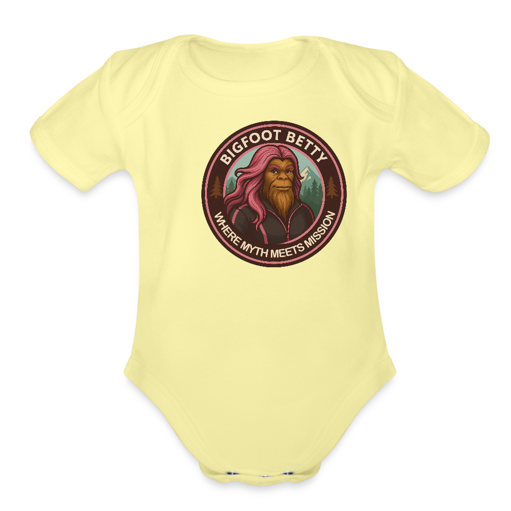 Organic Short Sleeve Baby Bodysuit - Where Myth Meets Mission (RETRO) - washed yellow