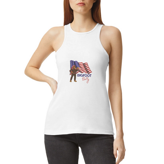 BFB July 4 - Waving Flag Women’s Racerneck Tank - white