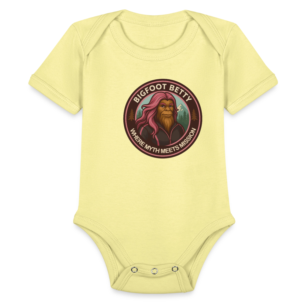 Organic Short Sleeve Baby Bodysuit - Where Myth Meets Mission (RETRO) - washed yellow
