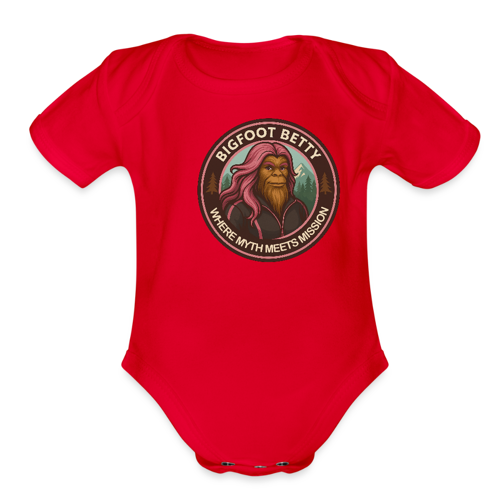 Organic Short Sleeve Baby Bodysuit - Where Myth Meets Mission (RETRO) - red