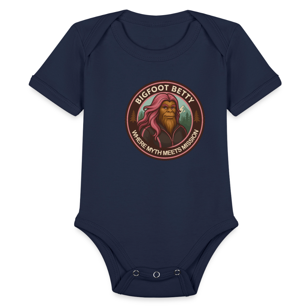 Organic Short Sleeve Baby Bodysuit - Where Myth Meets Mission (RETRO) - dark navy